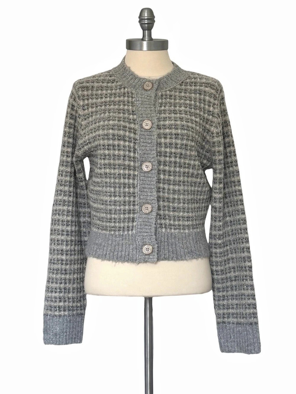 Wild Fable NWOT Metallic Knit Cropped Cardigan Sweater Pearl Buttons Gray Sz S